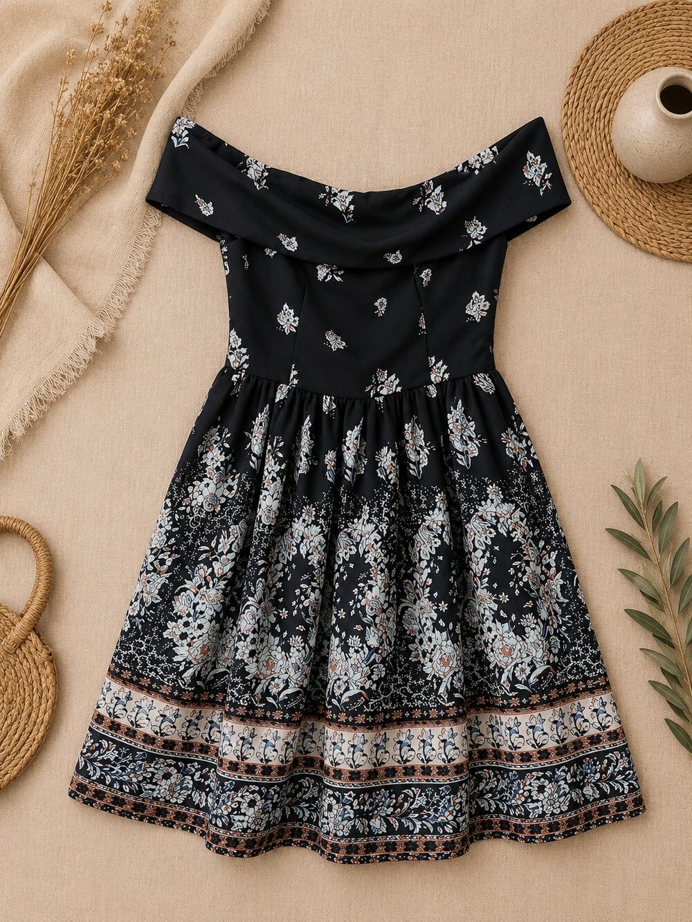 Abercrombie & Fitch Women's Off the Shoulder Floral Mini Dress Black Size XS - Picture 1 of 11